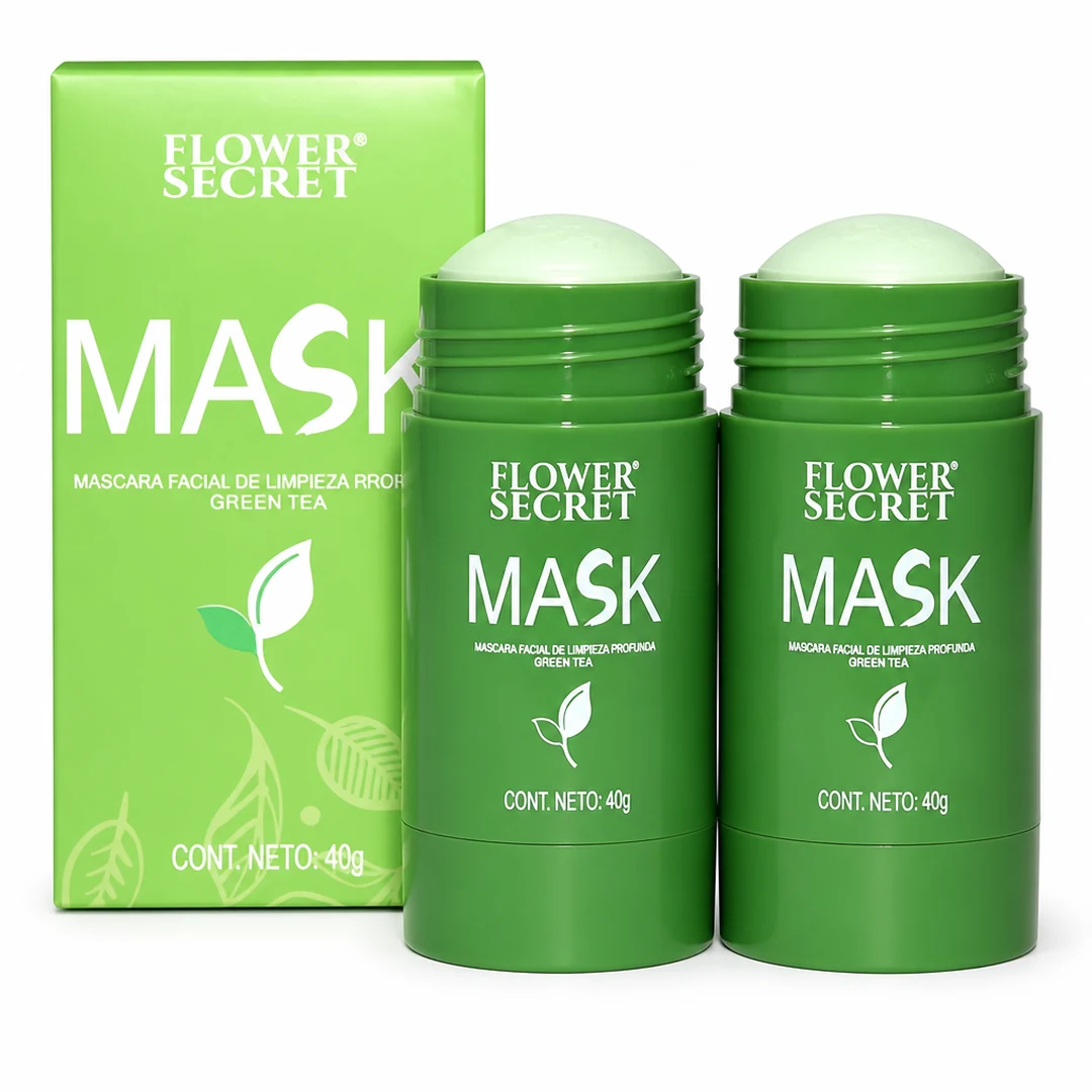 FLOWER SECRET: dos mascarillas de té verde en barra y su caja, fondo blanco